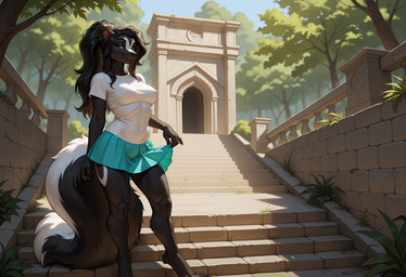 5_fingers anthro artois_posting_service big_tail biped black_body black_fur black_hair blue_bottomwear blue_clothing blue_eyes bottomwear breasts claws clothed clothing comfyui_(software) darkvaesdxl_whodimmedthelight_(vae) day detailed_background eyebrows eyelashes female finger_claws fingers fluffy fluffy_tail forest fur hair long_hair looking_at_viewer markings midriff multicolored_body multicolored_fur myslrvae_v10_(vae) nai-diffusion-furry-3_(model) narrowed_eyes navel novafurryxl_(model) outside plant ponystandardvae_v10_(vae) realesrgan_x4plus_(upscaler) shirt skirt sky smile solo stairs standing tail topwear tree two_tone_body two_tone_fur white_body white_clothing white_fur white_shirt white_topwear crashbandit mammal mephitid skunk digital_media_(artwork) prompt_metainfo shaded