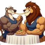 anthro chair clothing duo eating felid food furniture hand_holding lion lutrine male male/male mammal muscular mustelid pantherine pantsless pasta plate shirt simple_background table tank_top topwear zidanes123