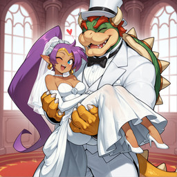 <3 anthro armwear black_tie_(suit) blue_eyes carrying choker clothing dress duo ear_piercing ear_ring elbow_gloves eyelashes female footwear fur gloves hair handwear high_heels horn humanoid_pointy_ears jewelry long_hair male male/female necklace open_mouth open_smile piercing ponytail princess_carry purple_body purple_fur ring_piercing sharp_teeth smile smiling_at_viewer strapless_clothing strapless_dress suit tail teeth wedding wedding_dress wedding_veil yellow_body yellow_fur anonymous_director mario_bros nintendo shantae super_mario_bros bowser shantae_(character) genie humanoid koopa scalie hi_res