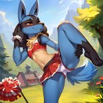 absurd_res anthro blue_body blue_fur canid cejekt cheerleader female flat_chested fur generation_4_pokemon hi_res lucario mammal on_one_leg pokemon_(species) solo standing