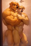 anthro balls blush brother brothers duo genitals grinding holding_waist incest_(lore) male male/male muscular muscular_male penis shower sibling size_difference wet bird_dog canid canine canis domestic_dog golden_retriever hunting_dog mammal retriever hi_res