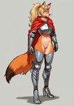 anthro armor biped blonde_hair blue_eyes blush boots bottomless bottomless_female breastplate breasts cape casual_exposure choker cloak clothed clothing crown dipstick_tail ear_markings facial_markings female footwear fur gauntlets gem genitals gloves hair handwear head_markings headgear high_heels jewelry legwear looking_at_viewer markings medieval_armor multicolored_body multicolored_ears multicolored_fur navel necklace orange_body orange_fur ponytail pussy simple_background smile solo standing tail_markings topwear tuft unconvincing_armor whiskers unknown_director canid canine fox mammal absurd_res full-length_portrait hi_res portrait