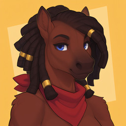 anthro bandanna blue_eyes brown_body brown_fur dreadlocks female fur kerchief looking_at_viewer red_bandana simple_background smile solo yellow_background magicraven equid equine horse mammal portrait