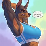 Rating: q
ID: 106148
Date: 2025-05-15 09:10:39 -0400
Status: active
Score: 16
abs angry annoyed anonymous_director anthro armpit_fetish athletic athletic_female biceps big_breasts black_body black_fur black_nose bodily_fluids bra breasts brown_body brown_fur canid canine canis clenched_teeth clothed clothing dialogue dobermann domestic_dog english_text female fur half-length_portrait hands_behind_head hi_res looking_at_viewer mammal multicolored_body multicolored_fur muscular muscular_anthro muscular_arms muscular_female pinscher portrait raised_arm raised_arms simple_background solo speech_bubble sports_bra stretching sweat sweaty_armpit sweaty_face teeth text topwear two_tone_body underwear post #106148