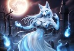 anthro blood_moon blue_body blue_fur breasts cemetery clothing detailed_fur dress empty_eyes female floating front_view fur gesture hair hands light moonlight night pointing smile solo torn_clothing translucent translucent_clothing white_body white_fur white_hair polar_(director) canid canine canis ghost mammal spirit wolf detailed hi_res