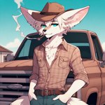 anthro clothing fur male smoking solo teal_eyes white_body white_fur lucifluffy wilek canid canine fennec fox mammal