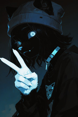 anthro beanie black_body black_fur black_hair blue_eyes blue_nose choker close-up clothed clothing fur gesture hair hat headgear headwear jewelry male necklace side_view solo v_sign kbi domestic_cat felid feline felis humanoid mammal