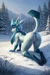 all_fours anthro anus blue_body blue_eyes blue_fur butt eeveelution female fur generation_4_pokemon genitals glaceon looking_at_viewer mammal pokemon_(species) pokemorph pussy raised_tail solo winter