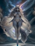 anthro blue_eyes celestial_body clothing cosmic_background dramatic dramatic_lighting fantasy female female_anthro female_focus flowing_hair footwear fur grey_body grey_fur hair high_heels long_hair platform_footwear platform_heels seductive sky smile smiling_at_viewer solo standing star starry_sky translucent very_long_hair white_body moony canid canine mammal absurd_res hi_res