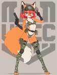 anthro armor belt big_tail blue_eyes blush bra breasts claws clothing female fur gesture gloves gun hair handwear headgear helmet legwear military_uniform orange_body orange_fur panties ranged_weapon red_hair simple_background small_breasts solo stockings underwear uniform v_sign weapon myrlonel canid canine fox mammal absurd_res hi_res