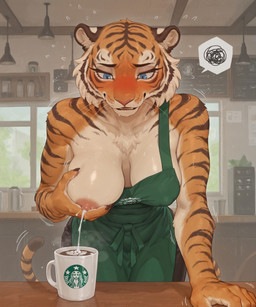 anthro apron areola belly bent_over beverage blue_eyes blush bodily_fluids breasts chest_tuft clothing coffee coffee_mug collarbone covered_nipples curvy_figure day ears_down embarrassed eyelashes female flustered flying_sweatdrops front_view hand_on_table holding_breast i_mean_breast_milk lactating long_eyelashes nervous_smile nervous_sweat nipples one_breast_out open_mouth orange_body pivoted_ears projectile_lactation solo spoken_squiggle standing starbucks stripes sweat sweatdrop tail tuft voluptuous waitress whiskers white_belly window burioth felid mammal pantherine tiger absurd_res hi_res