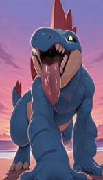 3_toes 4_fingers all_fours beach blue_body bodily_fluids claws close-up feet feral fingers gaping_mouth glowing glowing_eyes imminent_vore male mouth_shot open_mouth pink_tongue saliva saliva_string sand seaside sky solo teeth toes tongue tongue_out twilight vore white_claws stablexaivore nintendo pokemon feraligatr generation_2_pokemon pokemon_(species) animated hi_res huge_filesize webm