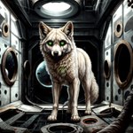 ambiguous_gender arctic_wolf attempted_signature blp canid canine canis claws feral front_view fur glowing glowing_eyes green_eyes hi_res horror_(theme) looking_at_viewer low-angle_view mammal monster open_mouth science_fiction solo space_station standing teeth white_body white_fur wolf