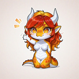 amber_eyes anthro blonde_hair chibi female frosting.ai gesture hair happy kneeling multicolored_body multicolored_hair mythology orange_body orange_hair orange_spots pupils red_hair slit_pupils solarmix_xl_(model) solo spots waving yellow_body shaitansedai alasia_(shaitansedai) dragon mythological_creature mythological_scalie scalie 1:1