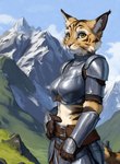 anthro armor breasts cheek_tuft clothing colossal_exhoost_fume countershading detailed_background ear_tuft facial_tuft felid feline female fur gloves green_eyes handwear hi_res khajiit lynx mammal midriff mountains outside plate_armor solo standing stripes tuft unconvincing_armor whiskers yellow_body yellow_fur