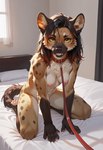 animal_ears anthro bed black_hair body_fur breasts collar female furniture hair inside kneeling kneeling_on_bed leash looking_at_viewer multicolored_hair nipples on_bed open_mouth small_breasts solo director_yeenashaven hyaenid mammal hi_res