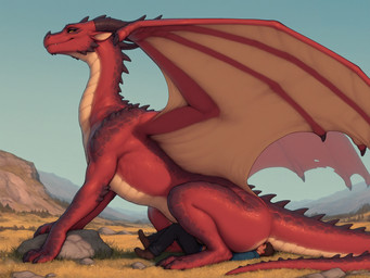 ambiguous_gender ambiguous_on_human bestiality clothed clothed/nude clothed_human clothed_male clothing duo extreme_size_difference facesitting feet feral horn human_on_feral interspecies larger_feral looking_at_another looking_at_partner male male/ambiguous male_on_feral multicolored_body mythology nature nature_background nude on_ground outside red_body red_scales scales side_view size_difference smaller_human spines toes wings unknown_director dragon human mammal mythological_creature mythological_scalie scalie western_dragon hi_res