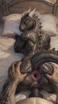 absurd_res anthro anthro_on_anthro anthro_penetrated anthro_penetrating anthro_penetrating_anthro anus argonian back_spines balls bed big_anus black_balls black_penis breasts butt butt_grab detailed_anus doggystyle duo faceless_character faceless_male female female_penetrated first_person_view from_behind_position furniture genitals green_body green_scales hand_on_butt hi_res horn looking_at_viewer looking_back looking_back_at_viewer looking_pleasured lying male male/female male_on_anthro male_penetrating male_penetrating_female on_front orange_eyes penetration penile penile_penetration penis penis_in_pussy pillow pussy scales scalesai scalie scalie_tail sex smile smiling_at_viewer spread_anus spreading vaginal vaginal_penetration wet wet_penis yellow_body yellow_scales