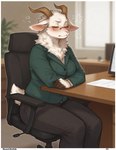 anthro blurred_background blush border bovid_horn breasts caprine_horn chair clothed clothing desk ears_aside eyes_closed eyewear female fur furniture glasses goat_horn horn inside office office_chair office_desk on_chair plant scut_tail short_tail sitting sitting_on_chair solo table tuft white_body white_border white_fur window direfelis_(director) bovid caprine goat mammal watermark