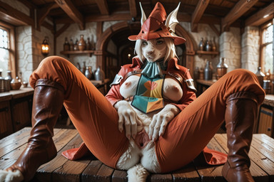 anthro anus breasts clothed clothing female genitals hat headgear headwear nipples pussy realistic realistic_fur sitting solo spread_legs spread_pussy spreading tail teckly freya_crescent burmecian mammal rodent