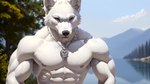 abs absurd_res anthro areola bumblebee95 canid canine canis clothed clothing detailed detailed_background detailed_fur hi_res jewelry looking_away male mammal muscular necklace nipples pecs realistic solo standing topless vein wallpaper wolf