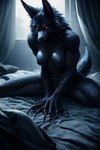 anthro backlighting bed bodily_fluids breasts cabin claws dark dream female first_person_view from_front_position furniture light long_claws long_ears nipples on_bed on_top scary sitting sitting_on_bed solo wide_hips window canid canine canis mammal were werecanid werecanine werewolf wolf lighting