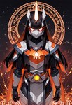 anthro armor belt black_bodysuit black_hair female fur glowing glowing_eyes glowing_horn hair horn long_hair looking_at_viewer magic magic_circle orange_armor orange_cape solo unicorn_horn white_body white_fur massbrainimpact kudo_rinne_(massbrainimpact) equid equine mammal unicorn hi_res