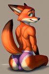 anthro bulge butt clothing disney fur green_eyes hair looking_at_viewer looking_back male narrowed_eyes nude open_mouth panties presenting raised_tail simple_background sitting smile smiling_at_viewer solo underwear zootopia angry_puppy nick_wilde canid canine fox mammal