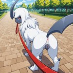 animal_genitalia animal_pussy anus canine_genitalia canine_pussy claws detailed_background female feral first_person_view fur genitals horn leash leash_in_mouth leashed_pov object_in_mouth park pussy red_eyes smile smirk solo white_body white_fur cartuniverse nintendo pokemon absol generation_3_pokemon pokemon_(species) hi_res