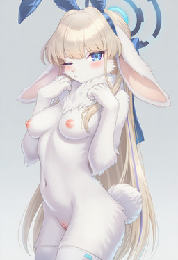 anthro blue_eyes blush bow_ribbon breasts claws clothing eyelashes fake_ears fake_rabbit_ears female fur genitals hair halo legwear long_hair looking_at_viewer navel neck_tuft nipples nude nude_anthro nude_female one_eye_closed pussy simple_background solo standing tail thigh_highs tuft white_body white_fur blue_archive toki_(blue_archive) lagomorph leporid mammal rabbit hi_res