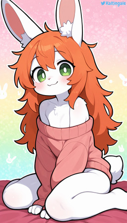 anthro blush bottomless chest_tuft clothed clothing female flat_chested front_view fur green_eyes hair inner_ear_fluff long_ears long_hair looking_at_viewer messy_hair off_shoulder orange_hair partially_clothed scut_tail short_tail side_view simple_background sitting smile solo sweater tail topwear tuft wariza white_body white_fur kaltingale_(director) cindy_(kaltingale) lagomorph leporid mammal rabbit hi_res