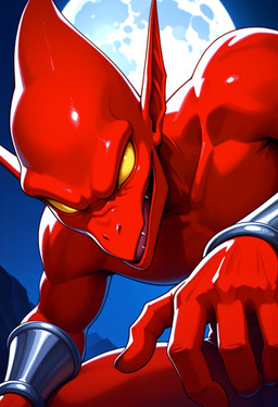 anthro bracelet empty_eyes fangs humanoid_pointy_ears jewelry male moon nude red_body solo teeth haxivus capcom firebrand demon gargoyle absurd_res headshot_portrait hi_res portrait