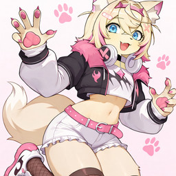 accessory anthro belt blue_eyes choker claws clothed clothing crop_top female fluff_tail footprint fur hair_accessory hairband headphones jacket jewelry navel necklace open_clothing pawpads pawprint shirt smile smiling_at_viewer solo topwear vtuber yellow_body yellow_fur hololive mococo_abyssgard canid canine canis domestic_dog mammal