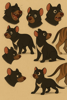 black_body black_fur female feral fur simple_background solo whatshisnuts inala_(whatshisnuts) dasyurid dasyuromorph mammal marsupial tasmanian_devil flat_colors hi_res model_sheet
