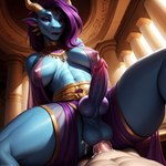 anal anal_penetration anthro arisa blue_body bodily_fluids cum cum_in_ass cum_inside dragon genital_fluids genitals gynomorph harem_outfit hi_res horn intersex jewelry knot magenta_hair penetration penis potca purple_eyes ribbed_penis scalie solo western_dragon