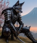 aardwolf anthro armor asian_clothing cherry_blossom cherry_blossom_tree cherry_tree clothing east_asian_clothing fruit_tree fuji_mountain hi_res hyaenid japanese_clothing leather leather_clothing male mammal plant sit solo tanto tree