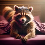 anthro bed bedroom black_nose brown_body brown_eyes brown_fur fur furniture light lying lying_on_bed male narrowed_eyes nude on_bed on_front seductive smile smiling_at_viewer solo sunlight under_covers rocket_raccoon mammal procyonid raccoon