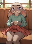 anthro beverage bottomwear clothing container cup ears_down female furniture holding_object inside legs_together looking_at_viewer on_sofa pivoted_ears plant sitting sitting_on_sofa skirt smile sofa solo sweater tea topwear window zootopia anonymous_director judy_hopps lagomorph leporid mammal rabbit hi_res