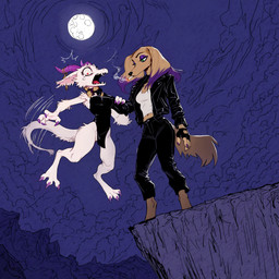 abstract_background barefoot black_clothing black_dress bottomwear breasts brown_body brown_fur cigarette claws clothed clothing cloud collar colored_nails crop_top digitigrade dress duo ear_piercing ear_ring eyeshadow facial_piercing feet female female/female fingerless_gloves fingers full_moon fur gloves hair handwear highlights_(coloring) horn imminent_death jacket jewelry leather leather_bottomwear leather_clothing leather_jacket leather_topwear legs_over_edge makeup midriff moon mythology nails neck_grab night nose_piercing nose_ring open_clothing open_jacket open_mouth open_topwear outside pants pelvic_curtain piercing purple_hair red_eyes ring_piercing scared shirt size_difference sky smoke smoking studs tail tail_motion tailwag tan_body tan_fur teeth toe_claws toes tongue topwear tuft white_body white_fur unknown_director hymonie_fluffscale(fluffscaler) afghan_hound borzoi canid canine canis domestic_dog dragon furred_dragon furred_kobold furred_scalie hunting_dog kobold mammal mythological_creature mythological_scalie scalie sighthound hi_res