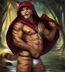 anthro barazoku bethesda_softworks bodily_fluids bulge cape clothing crotch_tuft cum cum_covered cum_in_mouth cum_inside cum_on_arm cum_on_body cum_on_face ear_piercing felid feline genital_fluids hi_res hood jockstrap khajiit male mammal messy muscular muscular_anthro muscular_male navel navel_piercing nipple_piercing nipples piercing plant riseflux solo swamp the_elder_scrolls tree tuft underwear whiskers white_clothing white_jockstrap white_underwear