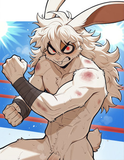 abs athletic athletic_male bandage biped blood bodily_fluids bruised buckteeth fighting_ring fur genitals hair humanoid_genitalia humanoid_penis long_hair looking_at_viewer male muscular muscular_male nipples nude out-of-frame_censoring penis red_eyes solo sweat tail teeth tuft vein veiny_penis white_body white_fur white_hair wraps unknown_director jack_the_rabbit_(u.d) lagomorph leporid mammal rabbit hi_res