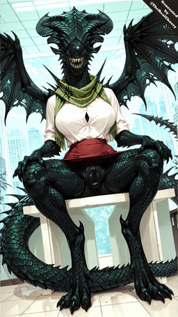 animal_genitalia animal_pussy anthro big_breasts bottomwear breasts canine_genitalia canine_pussy clothed clothing clothing_lift dress_shirt eyeless female genitals membrane_(anatomy) membranous_wings presenting presenting_pussy pussy raised_bottomwear raised_clothing raised_skirt scales scarf sharp_teeth shirt skirt skirt_lift solo spikes spread_wings teeth topwear wings chase_summerfield alien xenomorph xenomorph_queen absurd_res hi_res