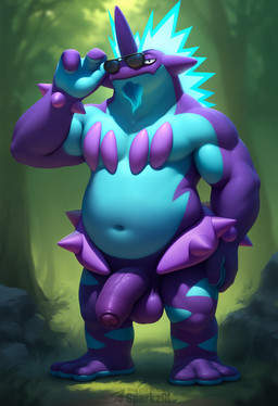 3_toes anthro balls beard belly biped blue_body detailed_background eyewear facial_hair feet fingers flaccid foreskin forest genitals goatee humanoid_genitalia humanoid_penis looking_at_viewer male musclegut navel nude outside overweight overweight_anthro overweight_male partially_retracted_foreskin penis plant purple_body smile solo standing sunglasses text toes tree sergalbutt nintendo pokemon generation_8_pokemon low_key_toxtricity pokemon_(species) toxtricity hi_res signature url