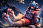 anthro blue_hair brand_new_animal breasts brown_body brown_fur canid canine clothed clothing feet female fluffy fluffy_tail foot_fetish foot_focus fur hair looking_at_viewer mammal michiru_kagemori nenvul pawpads paws raccoon_dog solo studio_trigger tanuki topwear