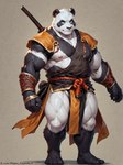 anthro claws finger_claws fingers katana male melee_weapon muscular muscular_anthro muscular_arms muscular_legs muscular_male muscular_thighs nipples solo stripes sword warrior weapon weapon_on_back mugen_kuuhakuai giant_panda mammal ursid