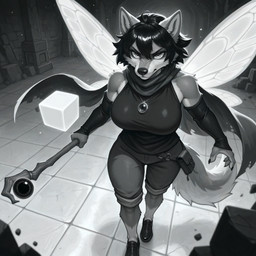 4_fingers anthro arm_warmers armwear bag big_breasts black_hair blurred_foreground bottomwear breasts cape clothed clothing countershading dungeon female fingers floor footwear hair insect_wings magic off_shoulder pants pendant serious_face shoes short_hair solo staff stone_wall temple tile tile_floor walking wall_(structure) wings jm222 canid canine canis mammal wolf greyscale hi_res monochrome