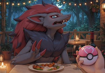 3_fingers 5_fingers alcohol ambiguous_gender anthro anthro_focus arm_tuft beverage biped black_body black_fur black_hair black_highlights black_tuft blue_eyes bottle candle candlelight chair cheek_tuft chest_tuft claws container cup cutlery date detailed_background disembodied_hand drinking_glass duo elbow_tuft facial_tuft fangs female finger_claws fingernails fingers fire first_person_view fluffy food forest fork front_view full_moon fur furniture glass glass_container glass_cup glistening grey_body grey_ears grey_fur hair head_markings heart_symbol highlights_(coloring) holding_object human_pov humanoid_hands inner_ear_fluff kitchen_utensils knife lamp light light_body light_skin long_hair looking_at_viewer male mane markings meat monotone_body monotone_fur monotone_hair moon moonlight multicolored_hair nails nature nature_background neck_tuft night nude on_chair open_mouth outside pink_tongue plant plant_pot plate pokeball potted_plant pupils questionable_consent red_body red_claws red_hair red_inner_ear red_markings restaurant scared sharp_teeth shoulder_tuft sitting sky slit_pupils snout solo solo_focus surprise table teeth tongue tools tree tuft two_tone_hair wine_bottle wine_glass wood wood_furniture hummuna nintendo pokemon canid canine generation_5_pokemon human mammal pokemon_(species) zoroark detailed hi_res shaded