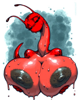 antennae_(anatomy) big_breasts black_nipples breasts female glistening glistening_body huge_breasts long_neck mouthless nipples slime solo spots spotted_body upper_body arantonak alien humanoid absurd_res hi_res