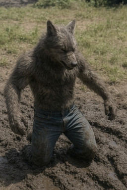 angry_eyes anthro bottomwear clothing day denim dirty dirty_fur fur grass grassland male mud mud_covered outside pants photorealism plant realistic solo stuck canid canine canis mammal werecanid werecanine werecreature werewolf wolf hi_res