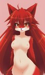 anthro areola bedroom_eyes breasts canid canine featureless_crotch female fox fur hi_res looking_at_viewer mammal midriff narrowed_eyes navel nipples nude open_mouth open_smile red_body red_fur seductive simple_background smile solo stable_diffusion yellow_eyes